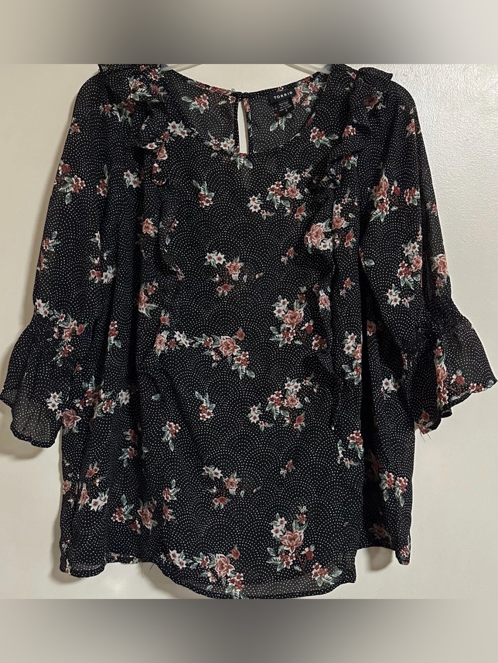 Torrid Floral Polka Dot Ruffled 3/4 Sleeve Top Size 2X Black Multi Chiffon